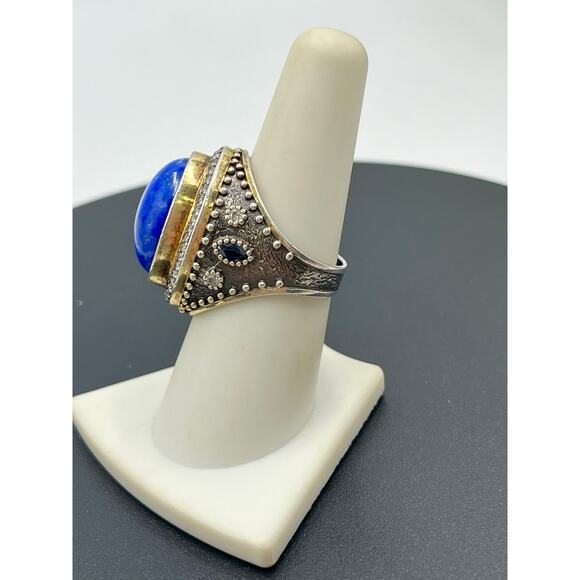 JAS Turkey Sterling Silver Lapis Lazuli, CZ, Blue Sapphire Two Tone Ring Sz 8 - Picture 9 of 13